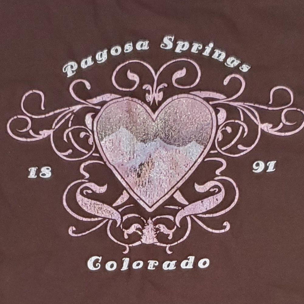 L  PAGOSA SPRINGS COLORADO CO brown pink HEART TSHIRT large